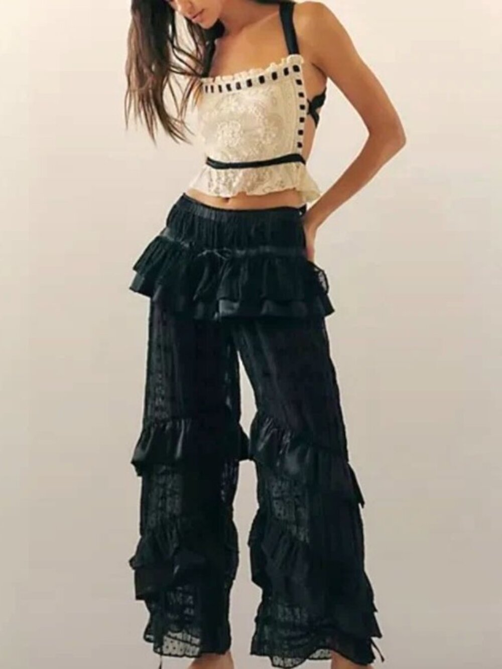Free People Belle Ruffle Pants Bohemian Festival Black Size M NWT